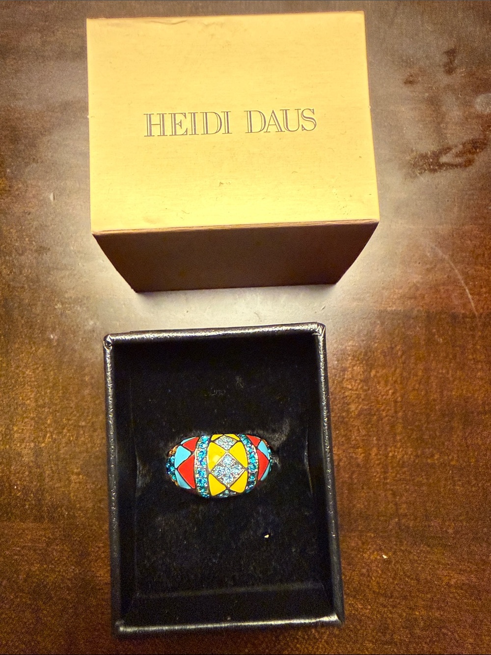 Heidi Daus Multicolor Enamel & Crystal Dome Ring - Red, Yellow, Blue size 8